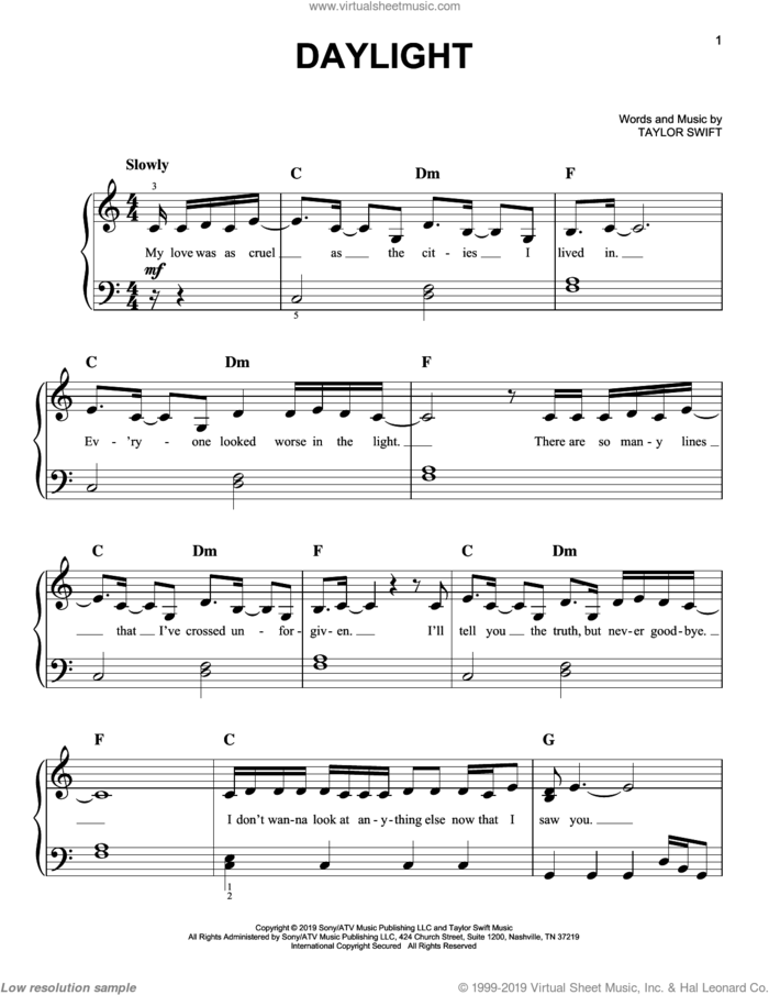 Daylight sheet music for piano solo by Taylor Swift, easy skill level