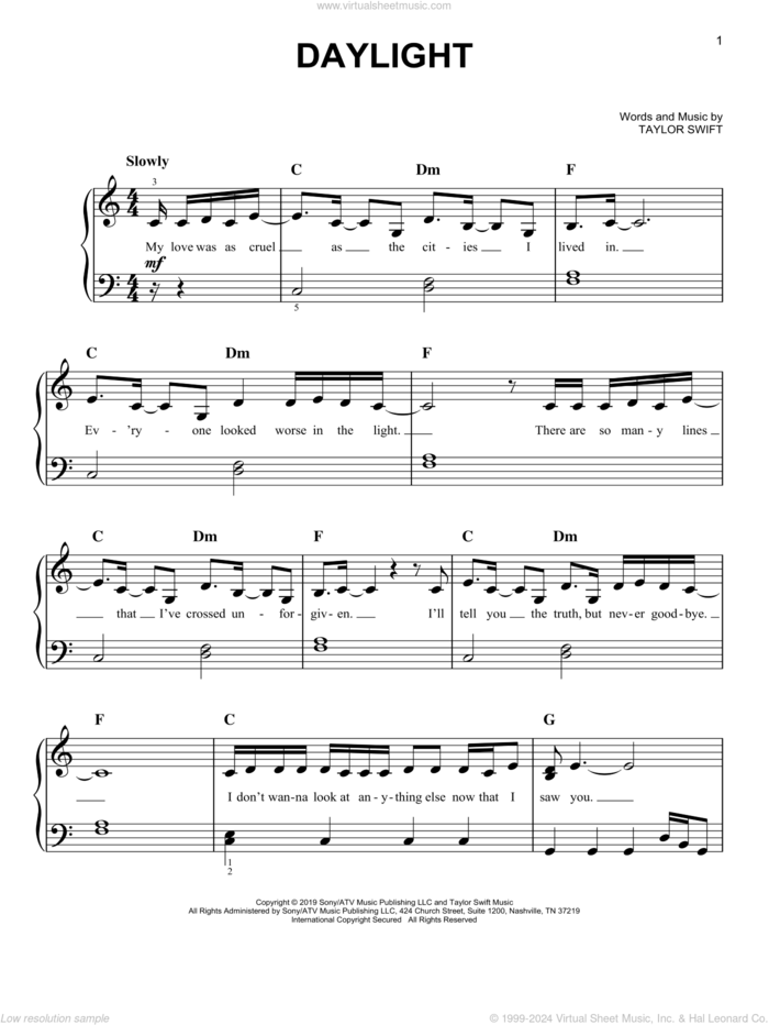 Daylight sheet music for piano solo by Taylor Swift, easy skill level