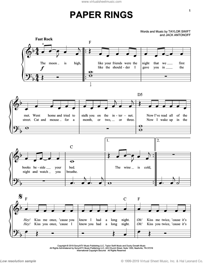 Paper Rings sheet music for piano solo by Taylor Swift and Jack Antonoff, easy skill level