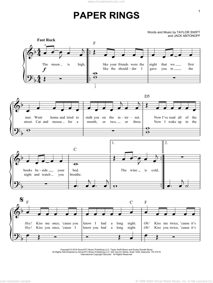 Paper Rings sheet music for piano solo by Taylor Swift and Jack Antonoff, easy skill level