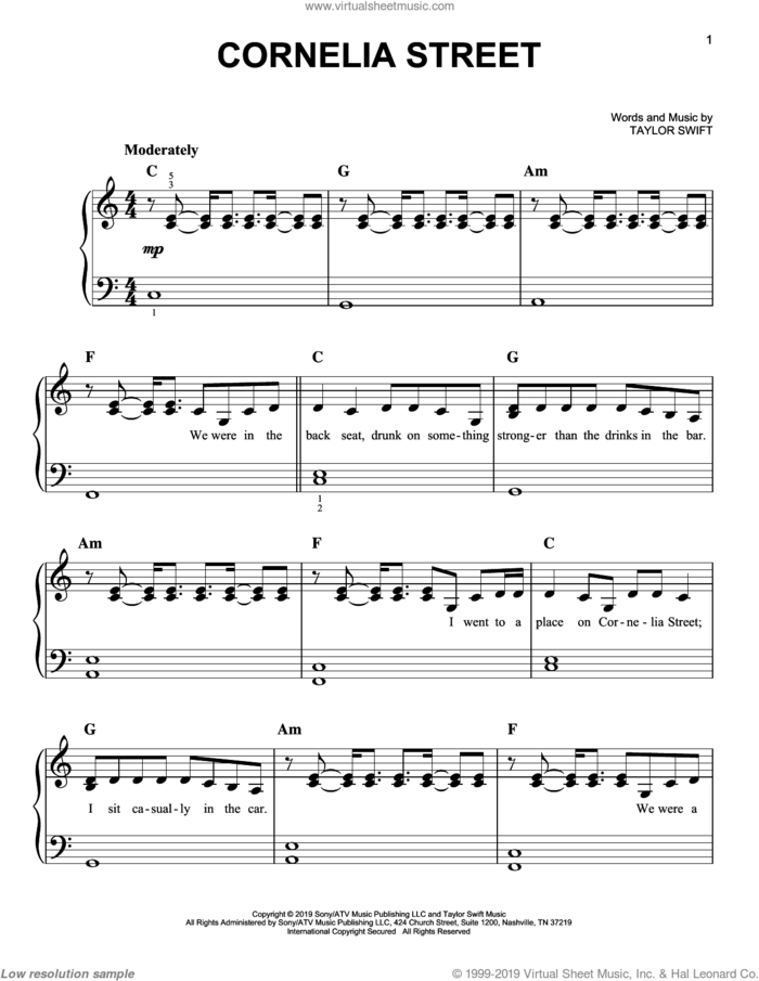 Cornelia Street sheet music for piano solo by Taylor Swift, easy skill level