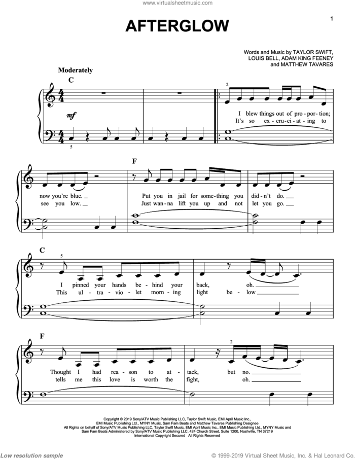 Afterglow sheet music for piano solo by Taylor Swift, Adam King Feeney, Louis Bell and Matthew Tavares, easy skill level