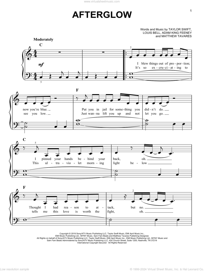 Afterglow sheet music for piano solo by Taylor Swift, Adam King Feeney, Louis Bell and Matthew Tavares, easy skill level