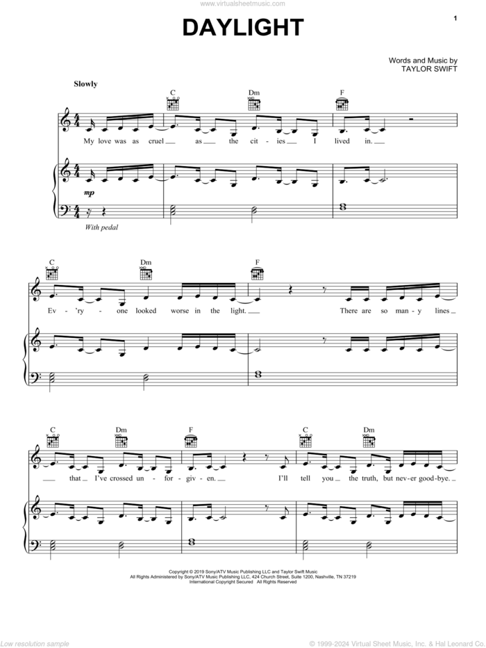 Daylight sheet music for voice, piano or guitar by Taylor Swift, intermediate skill level
