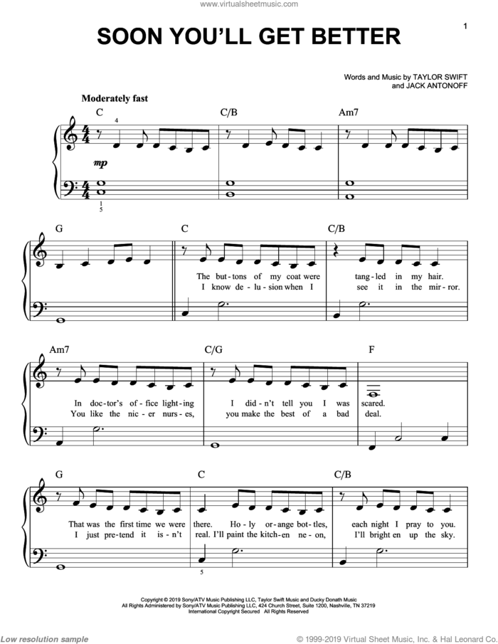 Soon You'll Get Better (feat. The Chicks) sheet music for piano solo by Taylor Swift, Dixie Chicks, The Chicks and Jack Antonoff, easy skill level
