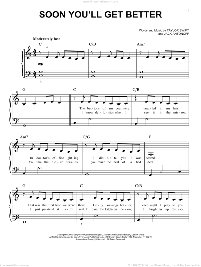 Soon You'll Get Better (feat. The Chicks) sheet music for piano solo by Taylor Swift, Dixie Chicks, The Chicks and Jack Antonoff, easy skill level