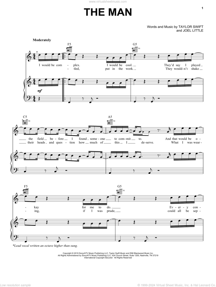 The Man sheet music for voice, piano or guitar by Taylor Swift and Joel Little, intermediate skill level