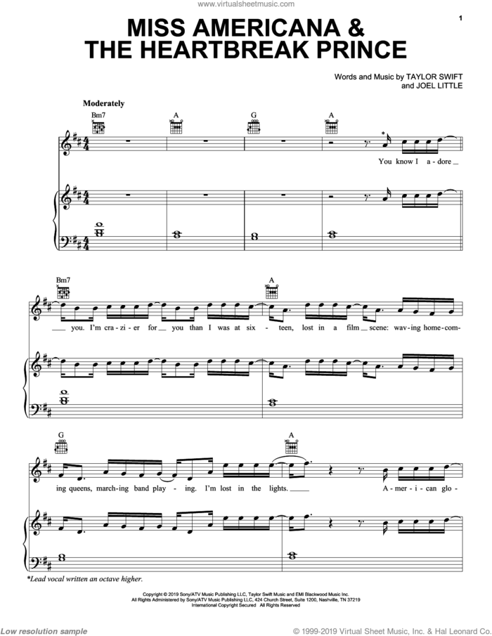 Miss Americana and The Heartbreak Prince sheet music for voice, piano or guitar by Taylor Swift and Joel Little, intermediate skill level