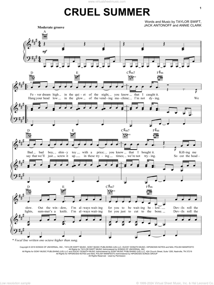 Cruel Summer sheet music for voice, piano or guitar by Taylor Swift, Annie Clark and Jack Antonoff, intermediate skill level
