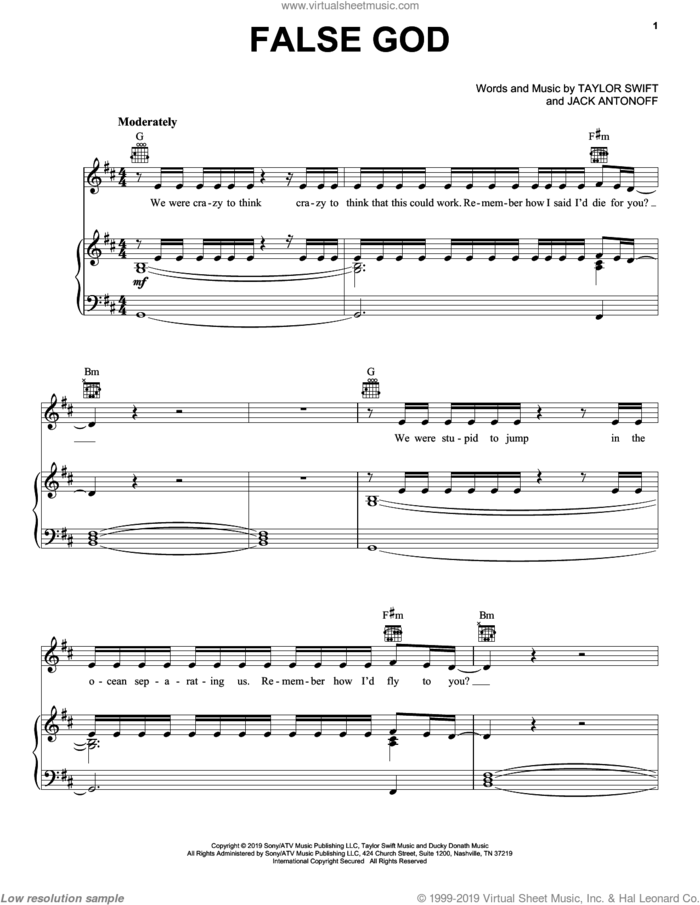 False God sheet music for voice, piano or guitar by Taylor Swift and Jack Antonoff, intermediate skill level