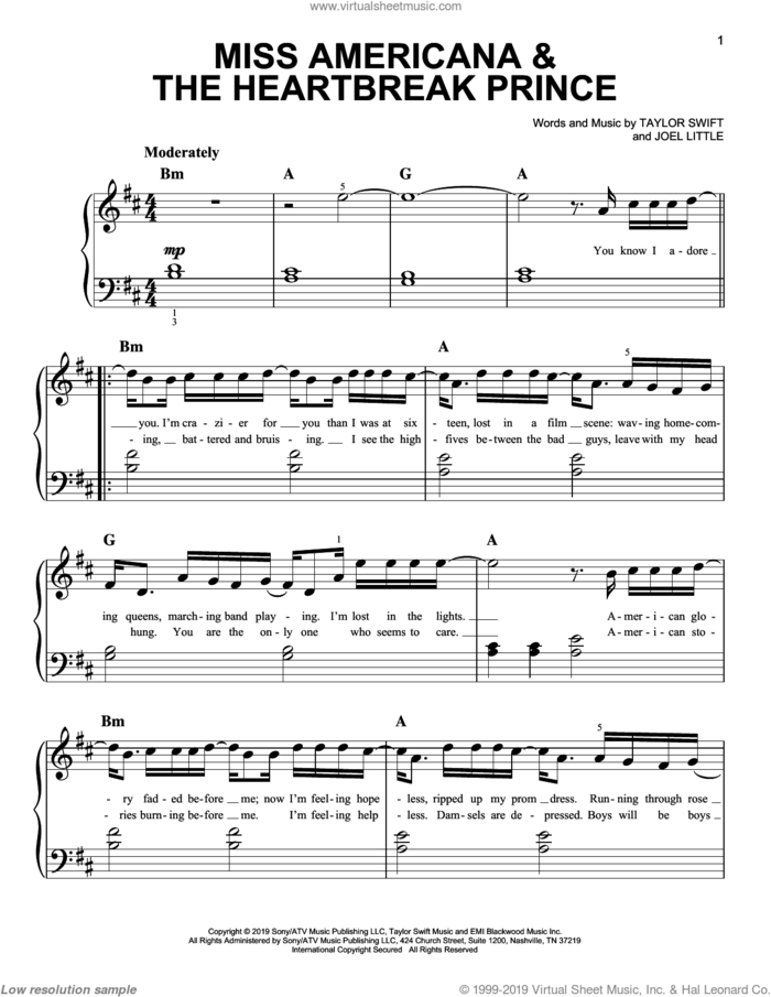 Miss Americana and The Heartbreak Prince sheet music for piano solo by Taylor Swift and Joel Little, easy skill level