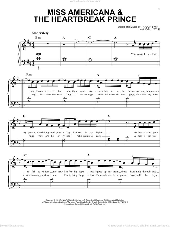 Miss Americana and The Heartbreak Prince sheet music for piano solo by Taylor Swift and Joel Little, easy skill level