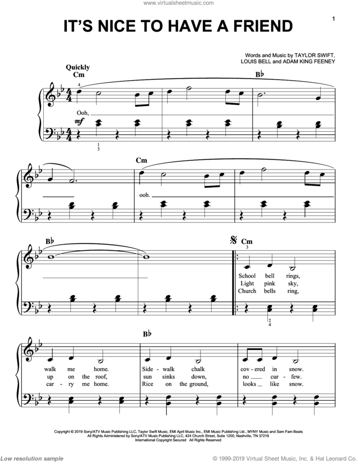 It's Nice To Have A Friend sheet music for piano solo by Taylor Swift, Adam King Feeney and Louis Bell, easy skill level