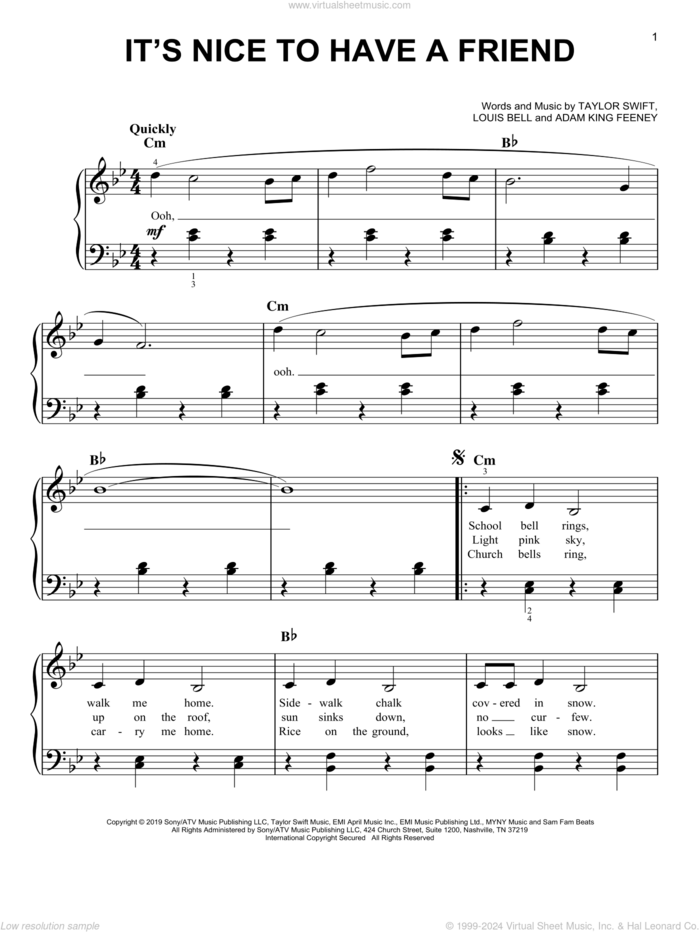 It's Nice To Have A Friend sheet music for piano solo by Taylor Swift, Adam King Feeney and Louis Bell, easy skill level