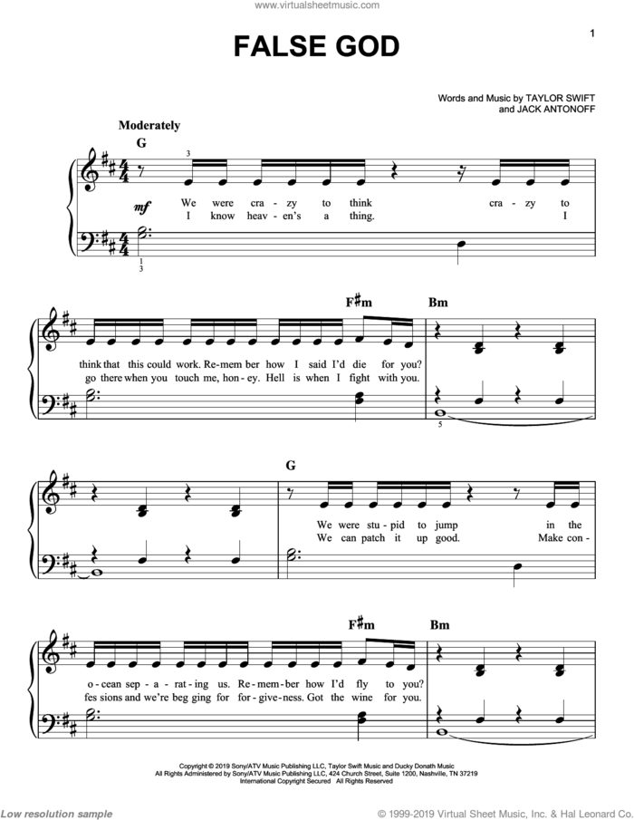 False God sheet music for piano solo by Taylor Swift and Jack Antonoff, easy skill level