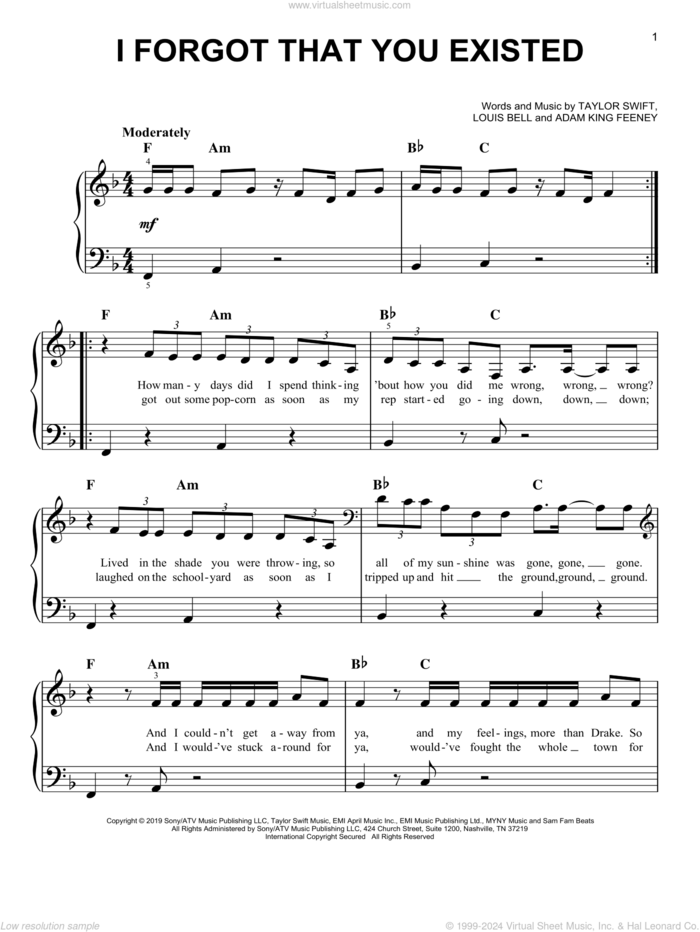 I Forgot That You Existed sheet music for piano solo by Taylor Swift, Adam King Feeney and Louis Bell, easy skill level