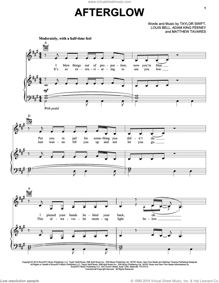 Afterglow sheet music for voice, piano or guitar by Taylor Swift, Adam King Feeney, Louis Bell and Matthew Tavares, intermediate skill level