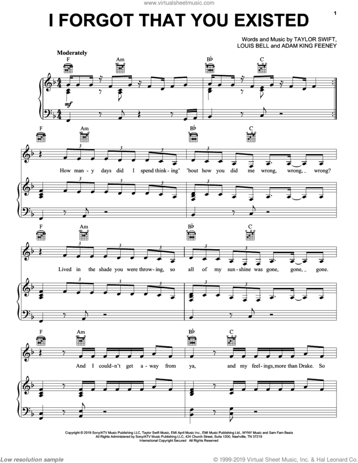 I Forgot That You Existed sheet music for voice, piano or guitar by Taylor Swift, Adam King Feeney and Louis Bell, intermediate skill level
