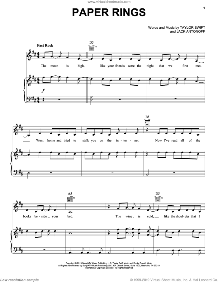 Paper Rings sheet music for voice, piano or guitar by Taylor Swift and Jack Antonoff, intermediate skill level