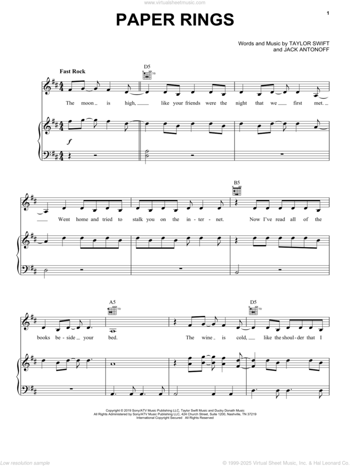 Paper Rings sheet music for voice, piano or guitar by Taylor Swift and Jack Antonoff, intermediate skill level