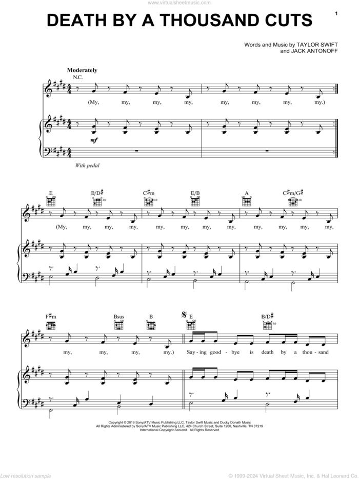 Death By A Thousand Cuts sheet music for voice, piano or guitar by Taylor Swift and Jack Antonoff, intermediate skill level