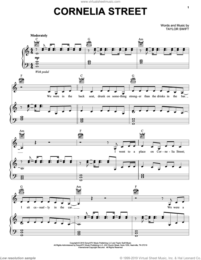 Cornelia Street sheet music for voice, piano or guitar by Taylor Swift, intermediate skill level