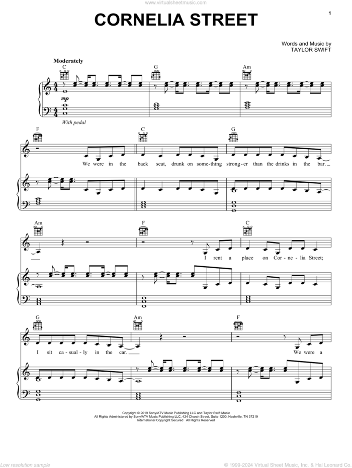 Cornelia Street sheet music for voice, piano or guitar by Taylor Swift, intermediate skill level