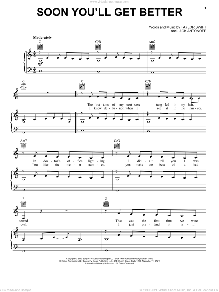 Soon You'll Get Better (feat. The Chicks) sheet music for voice, piano or guitar by Taylor Swift, Dixie Chicks, The Chicks and Jack Antonoff, intermediate skill level