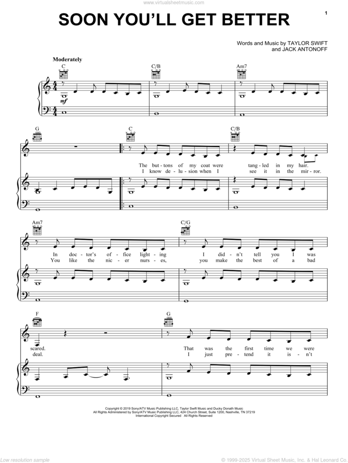 Soon You'll Get Better (feat. The Chicks) sheet music for voice, piano or guitar by Taylor Swift, Dixie Chicks, The Chicks and Jack Antonoff, intermediate skill level