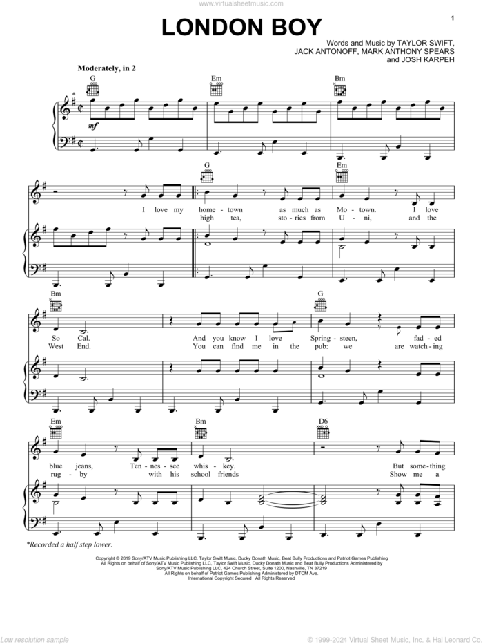 London Boy sheet music for voice, piano or guitar by Taylor Swift, Jack Antonoff, Josh Karpeh and Mark Anthony Spears, intermediate skill level