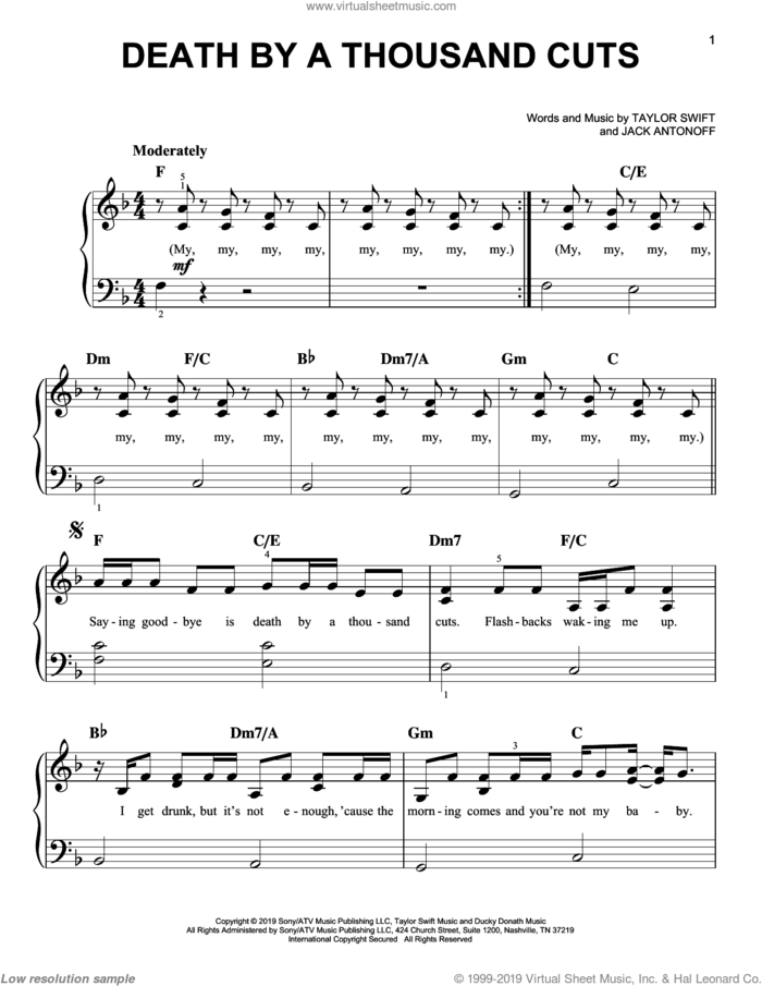 Death By A Thousand Cuts sheet music for piano solo by Taylor Swift and Jack Antonoff, easy skill level