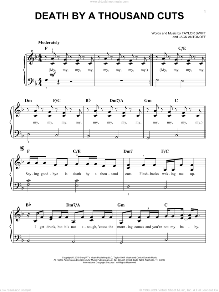 Death By A Thousand Cuts sheet music for piano solo by Taylor Swift and Jack Antonoff, easy skill level