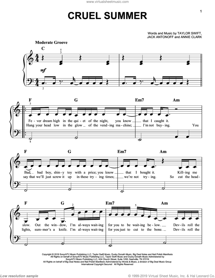 Cruel Summer sheet music for piano solo by Taylor Swift, Annie Clark and Jack Antonoff, easy skill level