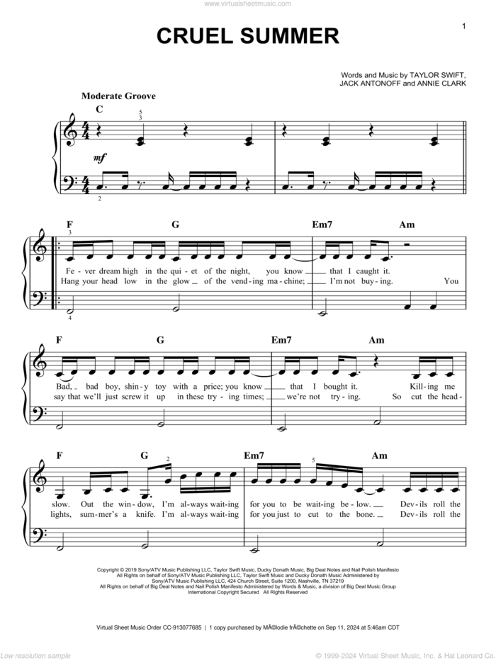 Cruel Summer, (easy) sheet music for piano solo by Taylor Swift, Annie Clark and Jack Antonoff, easy skill level