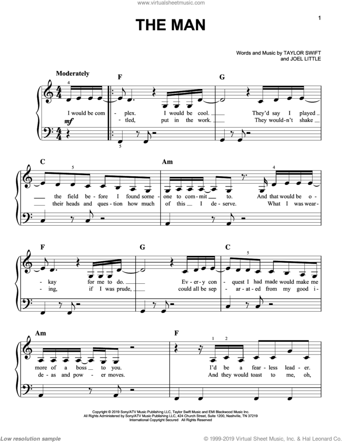 The Man sheet music for piano solo by Taylor Swift and Joel Little, easy skill level