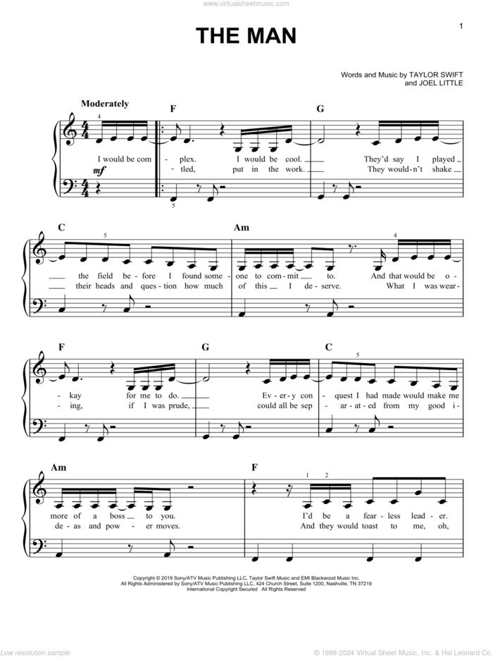 The Man sheet music for piano solo by Taylor Swift and Joel Little, easy skill level