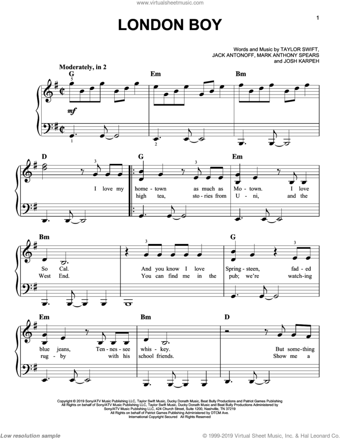 London Boy sheet music for piano solo by Taylor Swift, Jack Antonoff, Josh Karpeh and Mark Anthony Spears, easy skill level