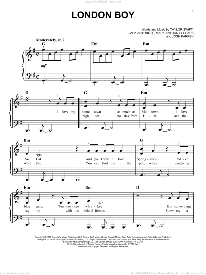 London Boy sheet music for piano solo by Taylor Swift, Jack Antonoff, Josh Karpeh and Mark Anthony Spears, easy skill level