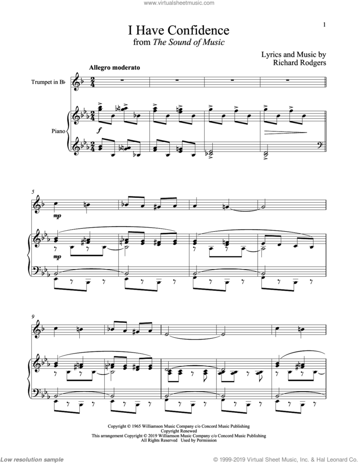 I Have Confidence (from The Sound of Music) sheet music for trumpet and piano by Richard Rodgers, Oscar II Hammerstein and Rodgers & Hammerstein, intermediate skill level
