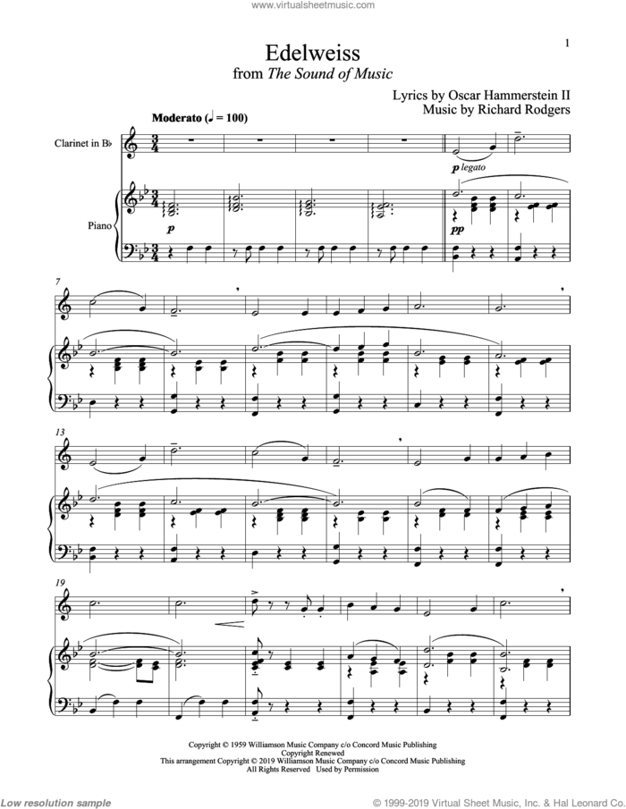 Edelweiss (from The Sound of Music) sheet music for clarinet and piano by Richard Rodgers, Oscar II Hammerstein and Rodgers & Hammerstein, intermediate skill level