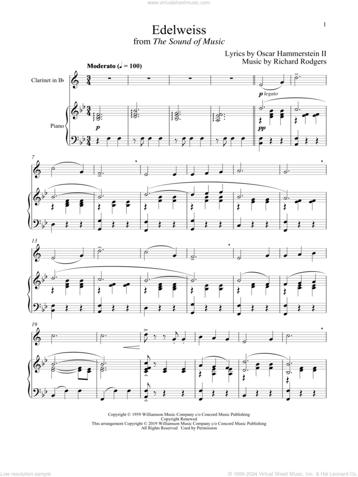 Edelweiss (from The Sound of Music) sheet music for clarinet and piano by Richard Rodgers, Oscar II Hammerstein and Rodgers & Hammerstein, intermediate skill level