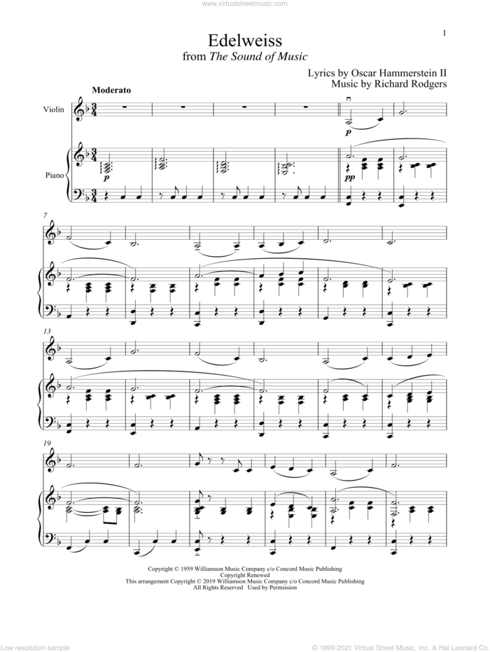 Edelweiss (from The Sound of Music) sheet music for violin and piano by Richard Rodgers, Oscar II Hammerstein and Rodgers & Hammerstein, intermediate skill level