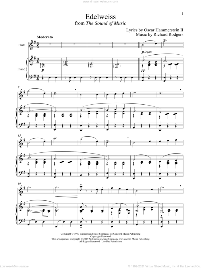 Edelweiss (from The Sound of Music) sheet music for flute and piano by Richard Rodgers, Oscar II Hammerstein and Rodgers & Hammerstein, intermediate skill level