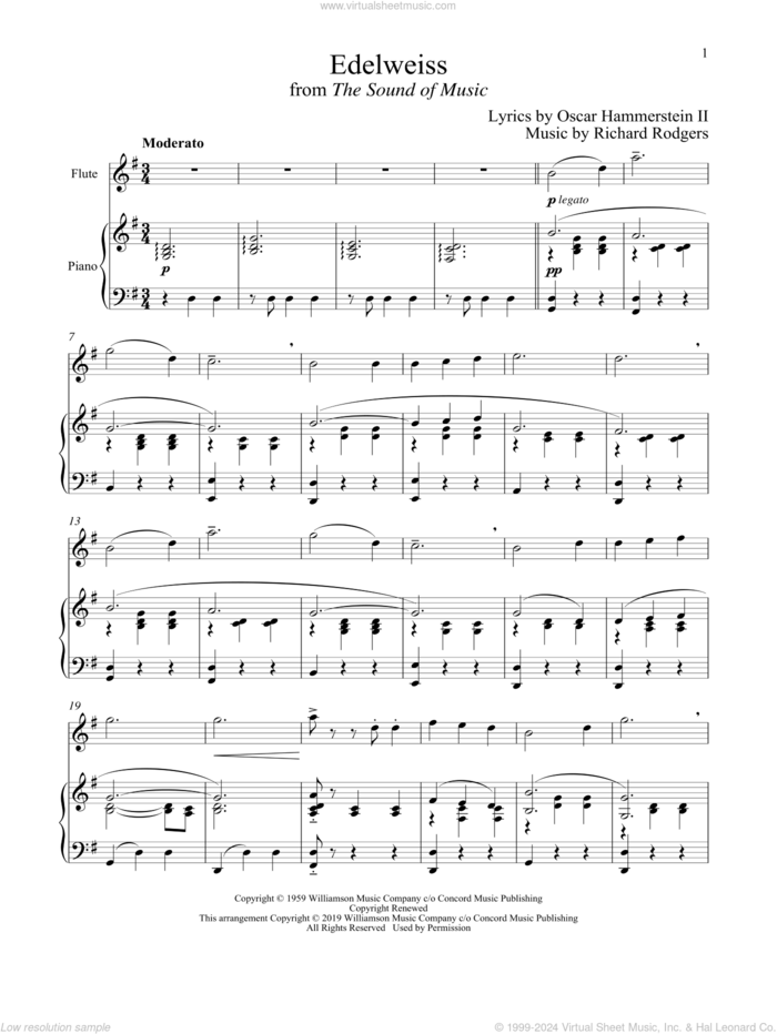 Edelweiss (from The Sound of Music) sheet music for flute and piano by Richard Rodgers, Oscar II Hammerstein and Rodgers & Hammerstein, intermediate skill level