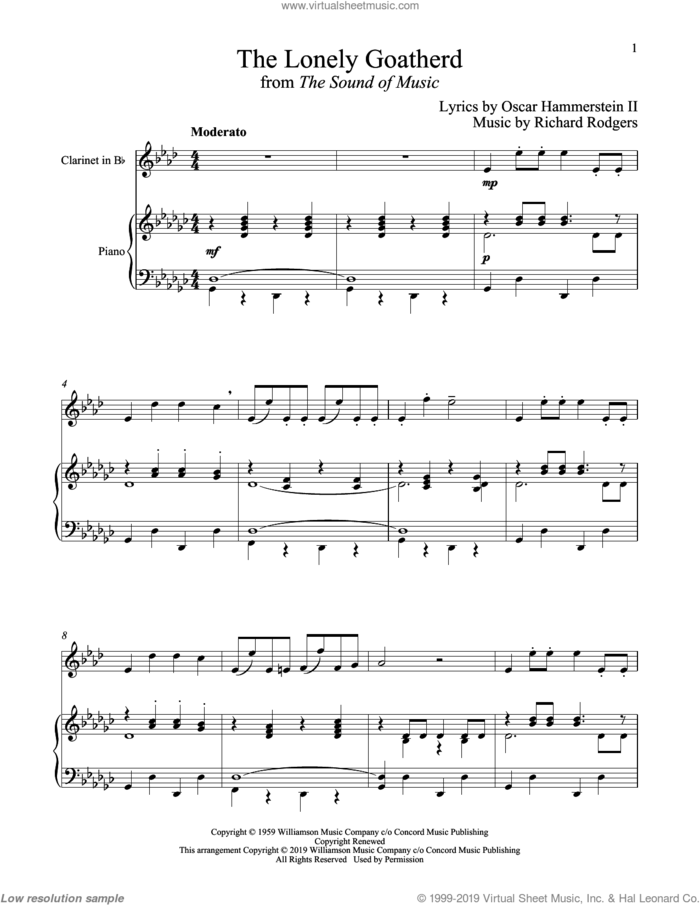 The Lonely Goatherd (from The Sound of Music) sheet music for clarinet and piano by Richard Rodgers, Oscar II Hammerstein and Rodgers & Hammerstein, intermediate skill level