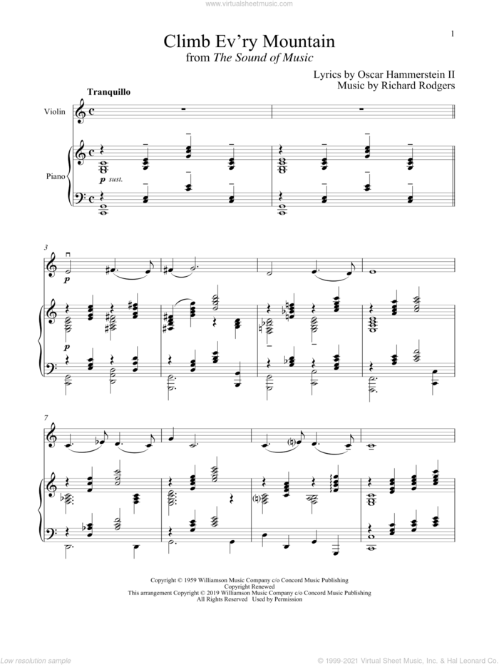 Climb Ev'ry Mountain (from The Sound of Music) sheet music for violin and piano by Richard Rodgers, Oscar II Hammerstein and Rodgers & Hammerstein, intermediate skill level