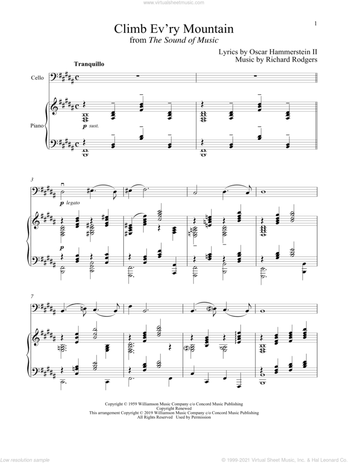 Climb Ev'ry Mountain (from The Sound of Music) sheet music for cello and piano by Richard Rodgers, Oscar II Hammerstein and Rodgers & Hammerstein, intermediate skill level