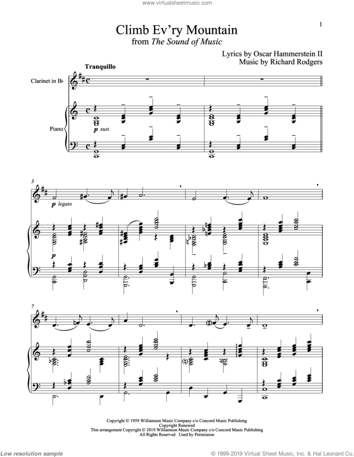 Climb Ev'ry Mountain (from The Sound of Music) sheet music for clarinet and piano by Richard Rodgers, Oscar II Hammerstein and Rodgers & Hammerstein, intermediate skill level