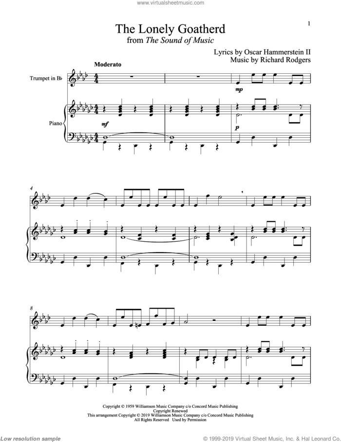 The Lonely Goatherd (from The Sound of Music) sheet music for trumpet and piano by Richard Rodgers, Oscar II Hammerstein and Rodgers & Hammerstein, intermediate skill level