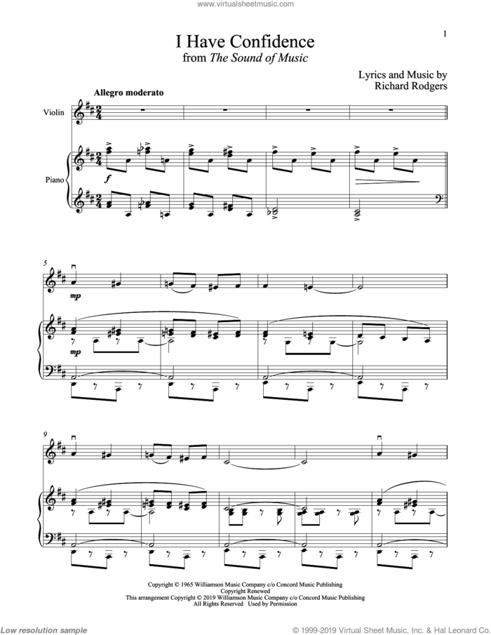 I Have Confidence (from The Sound of Music) sheet music for violin and piano by Richard Rodgers, Oscar II Hammerstein and Rodgers & Hammerstein, intermediate skill level